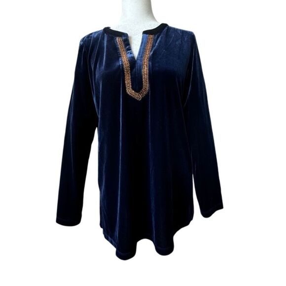 Susan Graver Artisan Velvet Blue Tunic Gold Bead Trim Long Sleeve Size Small - Picture 1 of 11